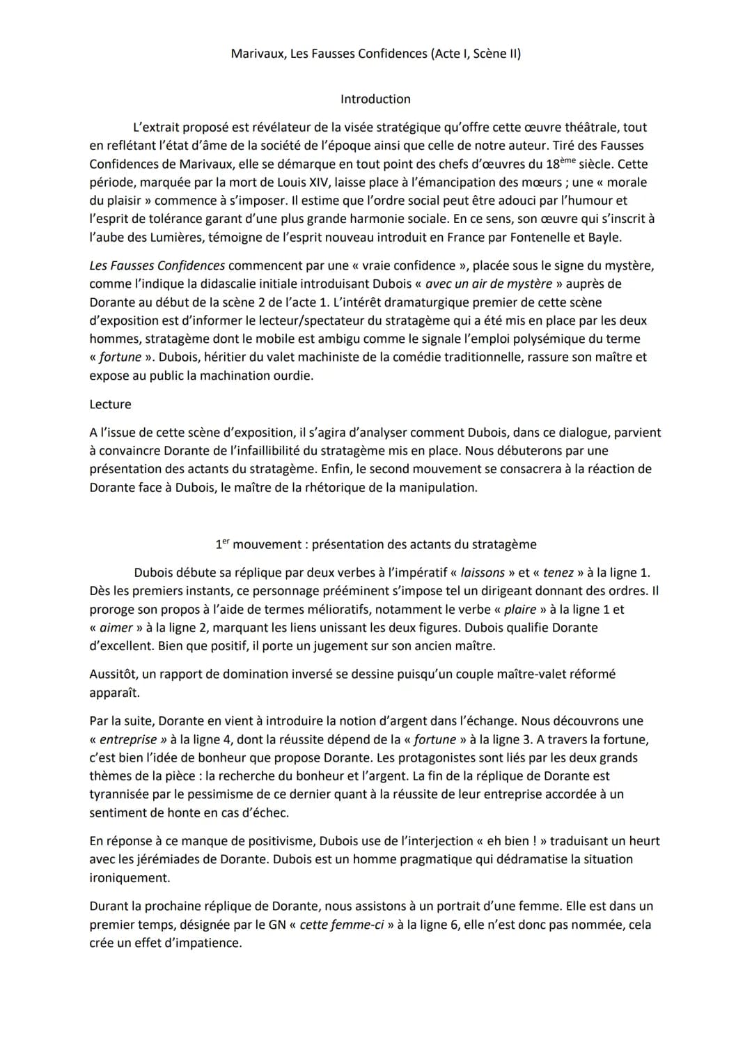 Marivaux, Les Fausses Confidences (Acte I, Scène II)
Introduction
L'extrait proposé est révélateur de la visée stratégique qu'offre cette œu