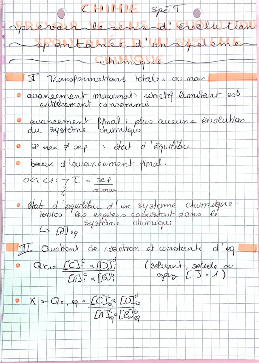 
<p>Le sens d'évolution spontanée d'un système chimique est déterminé par les transformations totales ou non. Lorsque l'avancement maximal e