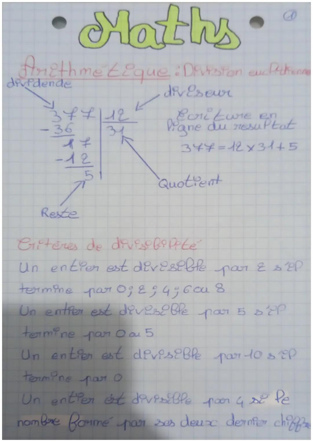 Maths
Arithmetique: Division euchlehenne
dividende
377112
←
div Eseur
-36
31
17
Ecriture en
ligne du resultat
-12
347=12x31+5
5
Quotient
Res