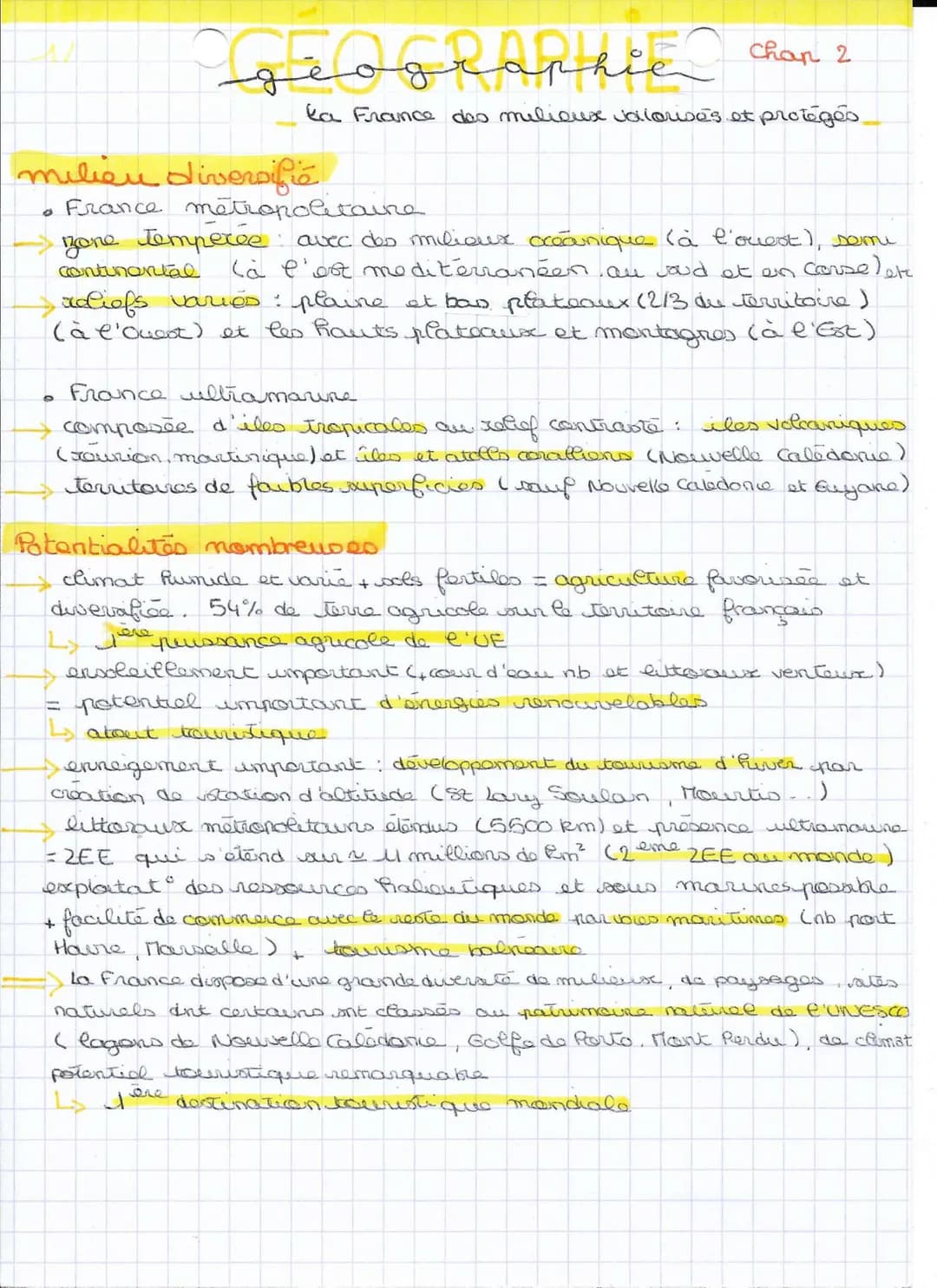 Chap. 2
la France des milieux valorisés et protégés
géographie
milieu ensemble des déments physiques ( reliefs, climat, vegetation)
plus ou 