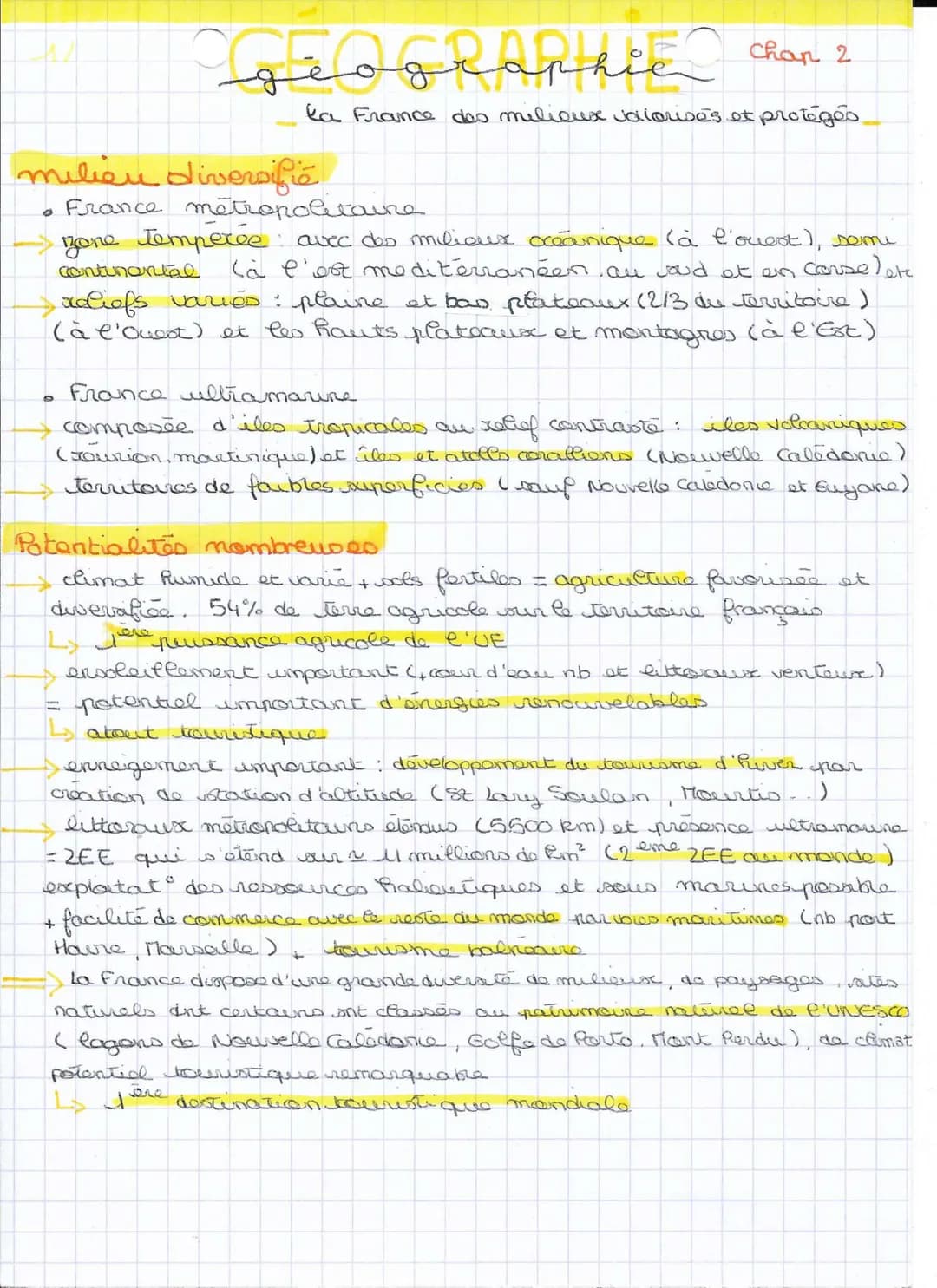 Chap. 2
la France des milieux valorisés et protégés
géographie
milieu ensemble des déments physiques ( reliefs, climat, vegetation)
plus ou 