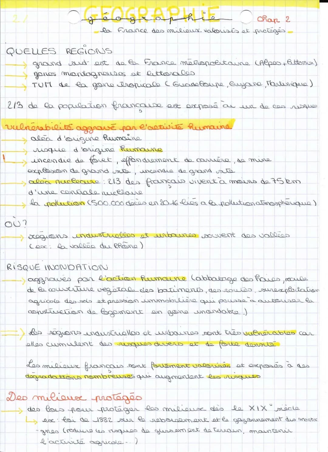 Chap. 2
la France des milieux valorisés et protégés
géographie
milieu ensemble des déments physiques ( reliefs, climat, vegetation)
plus ou 