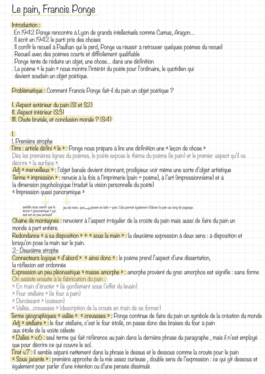 Le pain, Francis Ponge
Introduction:
En 1942 Ponge rencontre à Lyon de grands intellectuels comme Camus, Aragon...
Il écrit en 1942 le parti