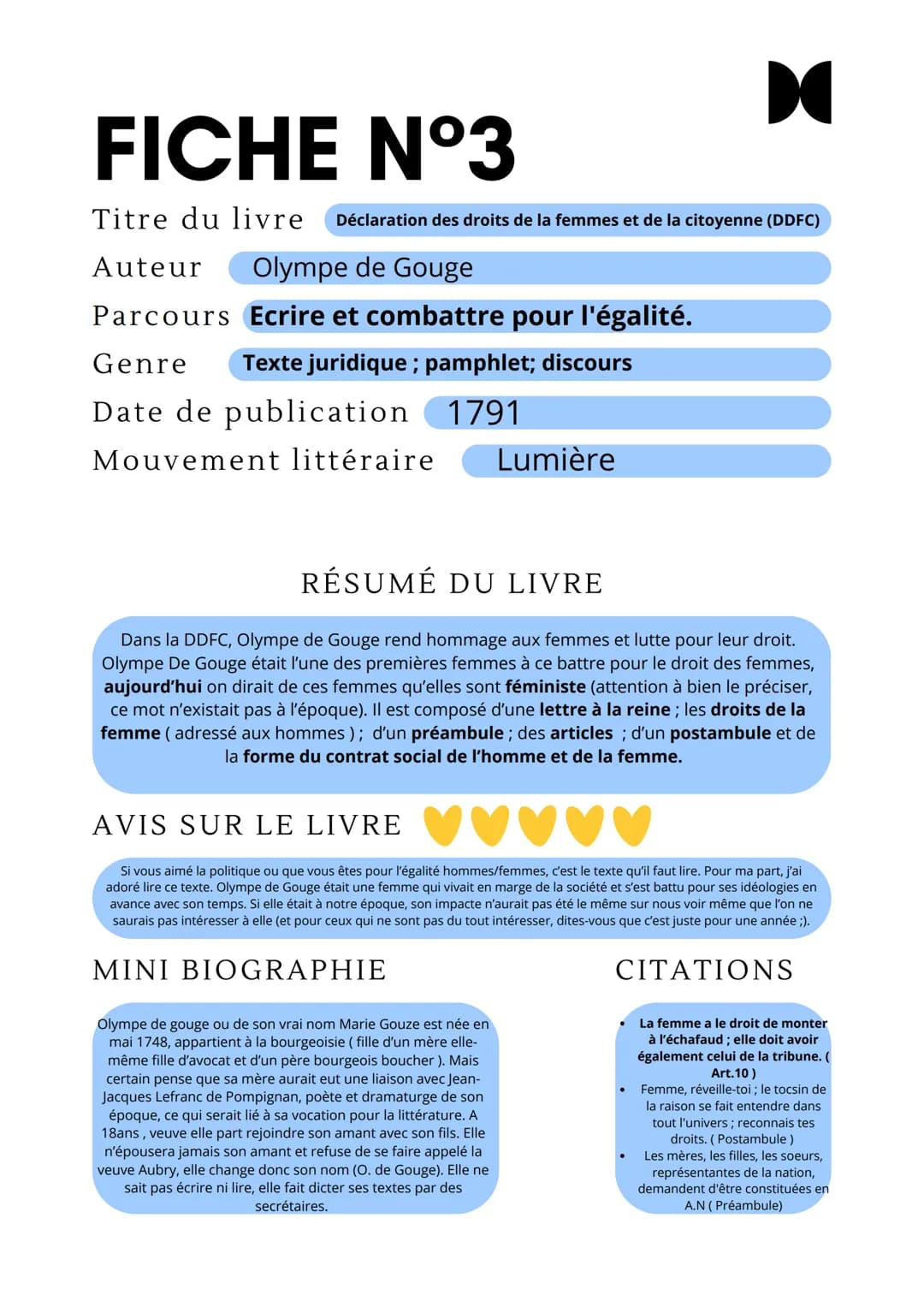 K
FICHE N°3
Titre du livre
Auteur
Déclaration des droits de la femmes et de la citoyenne (DDFC)
Olympe de Gouge
Parcours Ecrire et combattre