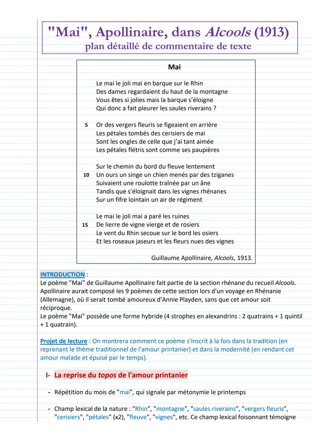 "Mai", Apollinaire, dans Alcools (1913)
plan détaillé de commentaire de texte
5
10
15
Mai
Le mai le joli mai en barque sur le Rhin
Des dames