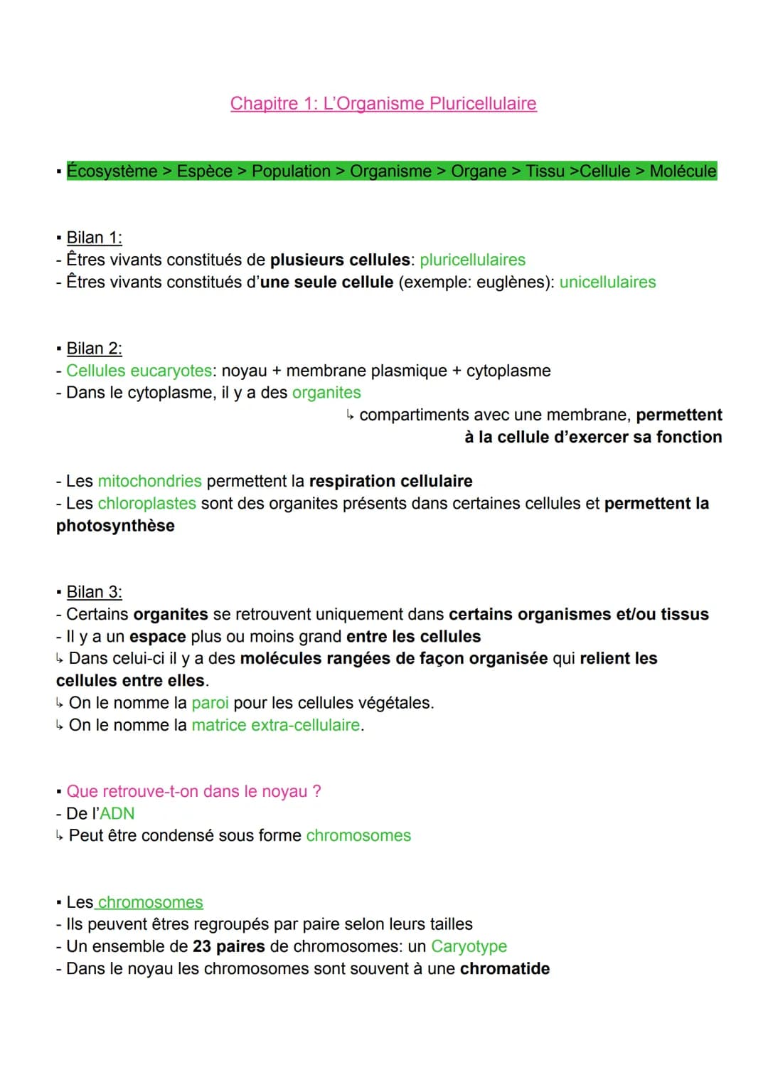 Chapitre 1: L'Organisme Pluricellulaire
Écosystème > Espèce > Population > Organisme > Organe > Tissu >Cellule > Molécule
▪ Bilan 1:
- Êtres