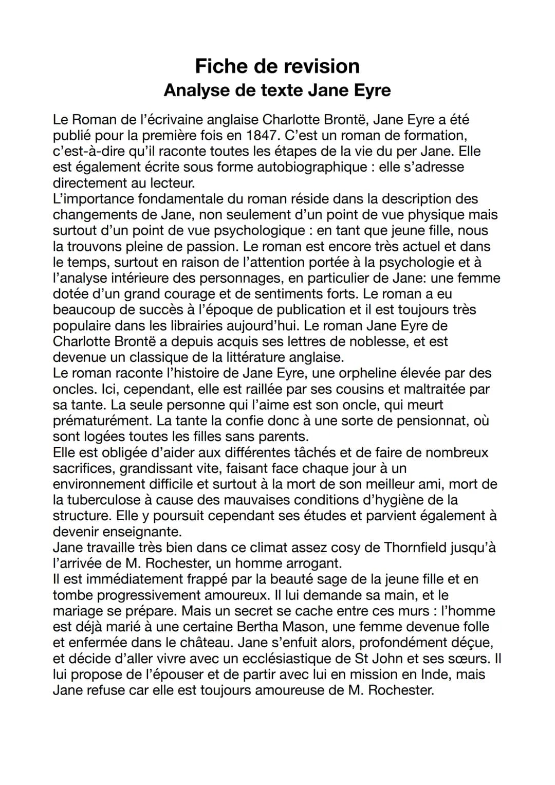 Fiche de revision
Analyse de texte Jane Eyre
Le Roman de l'écrivaine anglaise Charlotte Brontë, Jane Eyre a été
publié pour la première fois