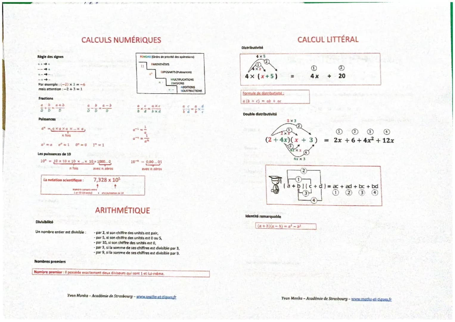 Règle des signes
Par exemple: (-2) x3 = -6
mais attention:-2+3=1
Fractions
Puissances
D
CALCULS NUMÉRIQUES
Gaxaxaxxa,
n fois
a w 1
Divisibil