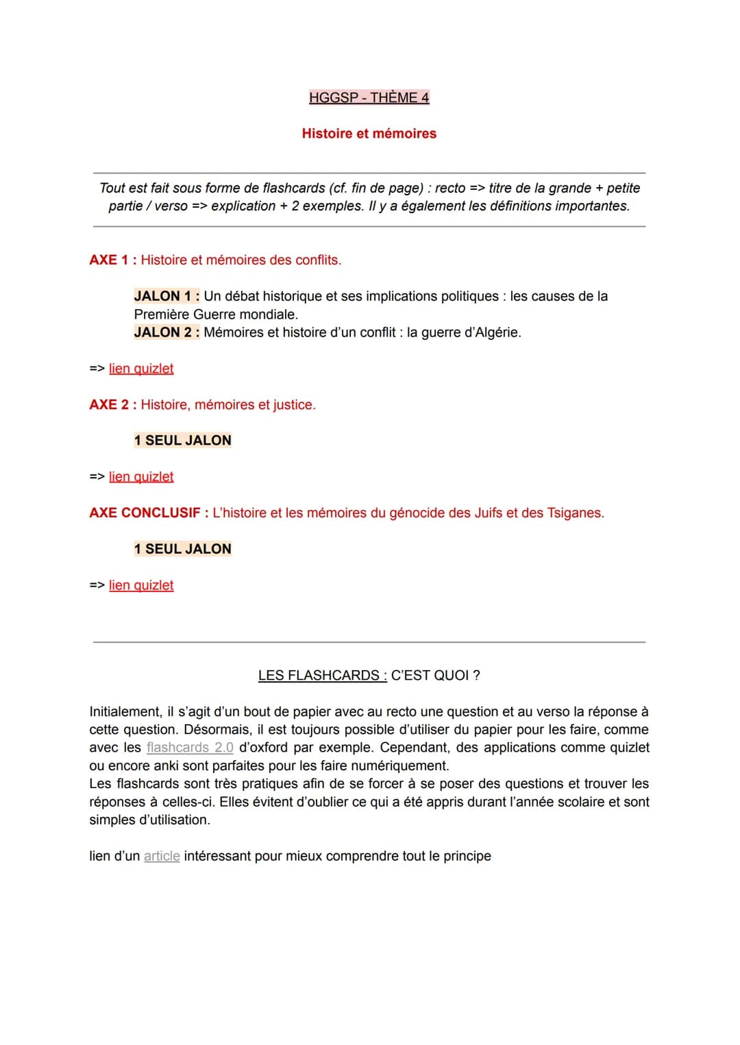 <h2 id="flashcardsenhistoire">Flashcards en Histoire</h2>
<p>Les flashcards sont organisées selon un format spécifique (cf. fin de page) : l