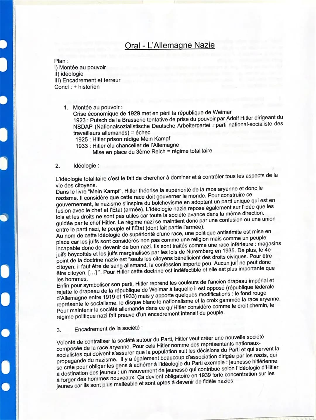 Plan :
1) Montée au pouvoir
II) idéologie
III) Encadrement et terreur
Concl: + historien
Oral- L'Allemagne Nazie
2.
1. Montée au pouvoir :
C
