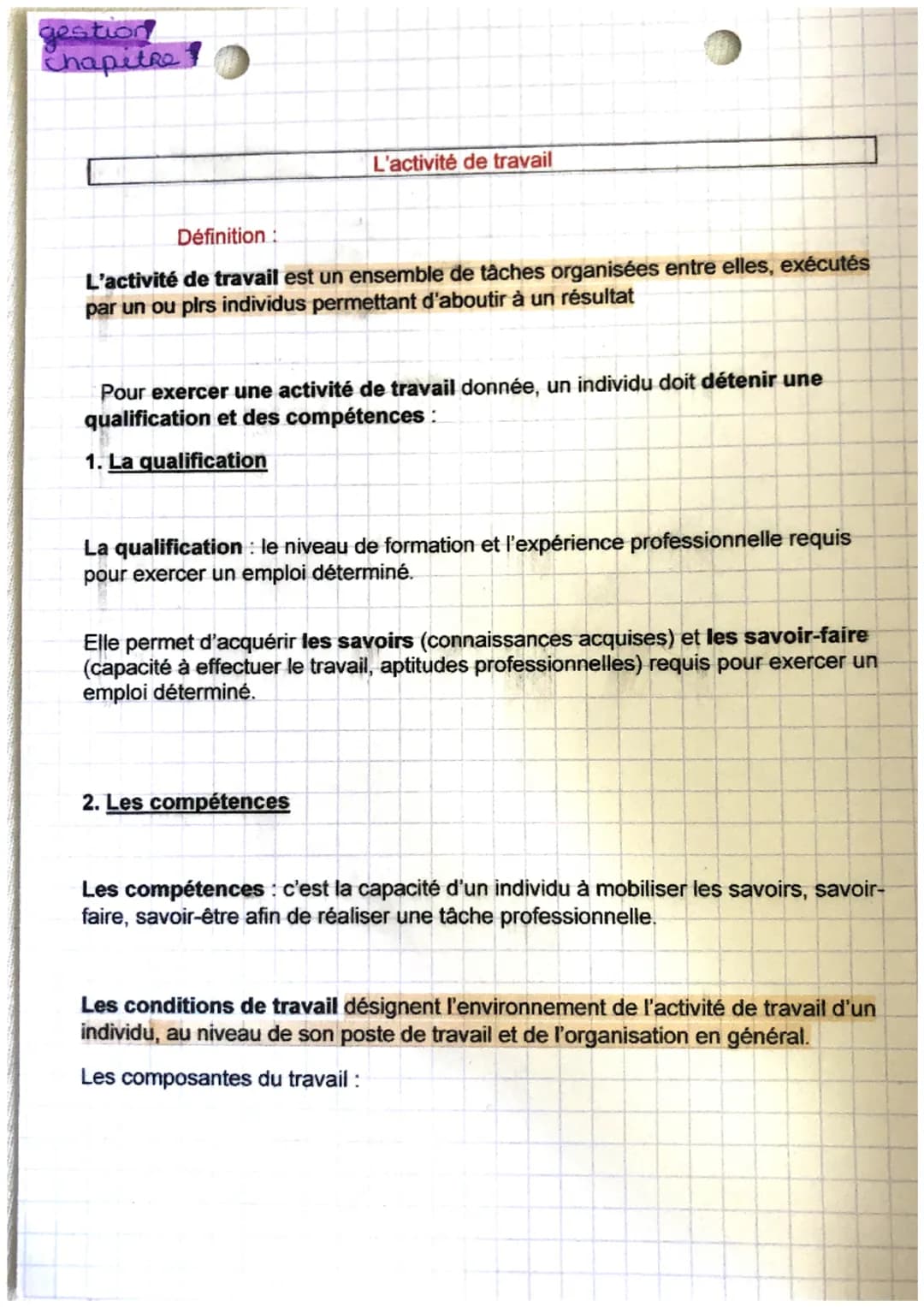 gestion
chapitre
L'activité de travail
Définition:
L'activité de travail est un ensemble de tâches organisées entre elles, exécutés
par un o