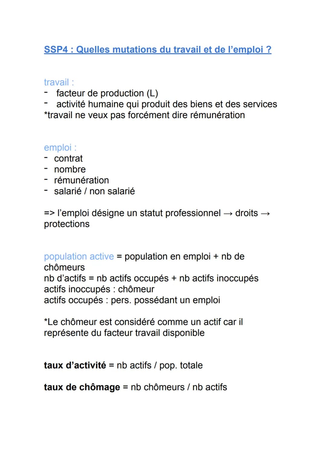 SSP4 : Quelles mutations du travail et de l'emploi ?
travail :
facteur de production (L)
activité humaine qui produit des biens et des servi