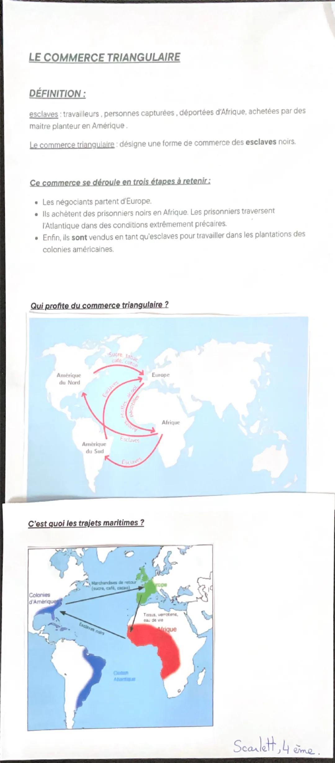 LE COMMERCE TRIANGULAIRE
DÉFINITION:
esclaves: travailleurs, personnes capturées, déportées d'Afrique, achetées par des
maitre planteur en A