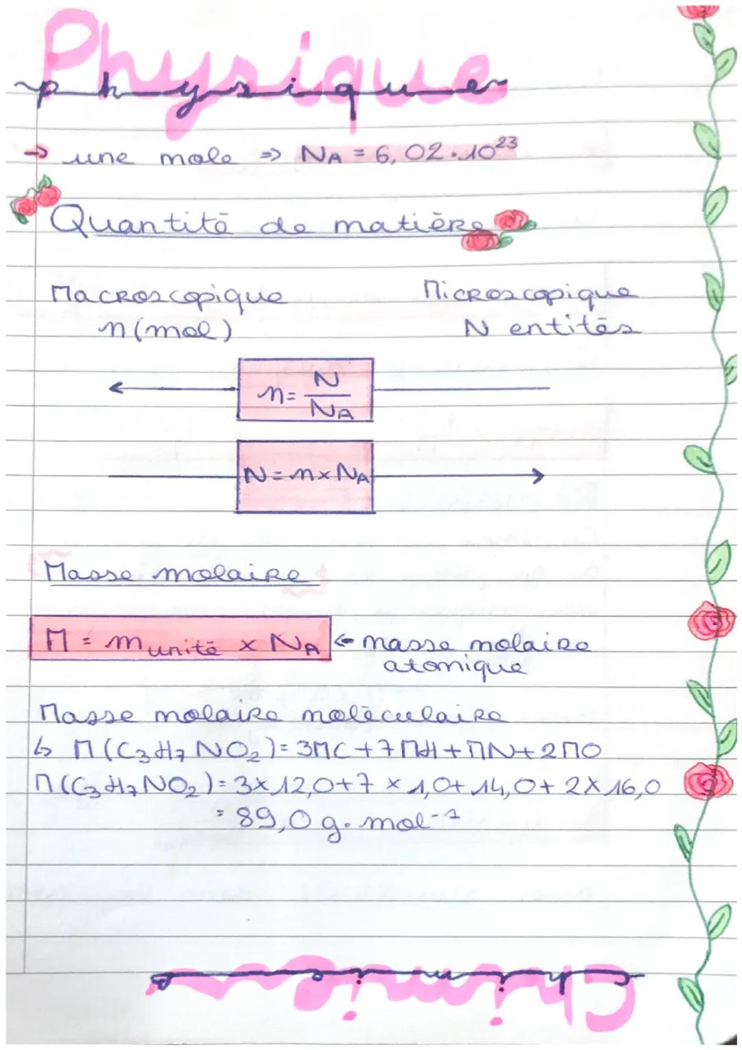 # Physique

une male NA = 6,02.1023

Quantité de matière

Macroscopique Microscopique
n(mol) N entites

←

N
n= NA

N=MxNA

Masse molaire

←