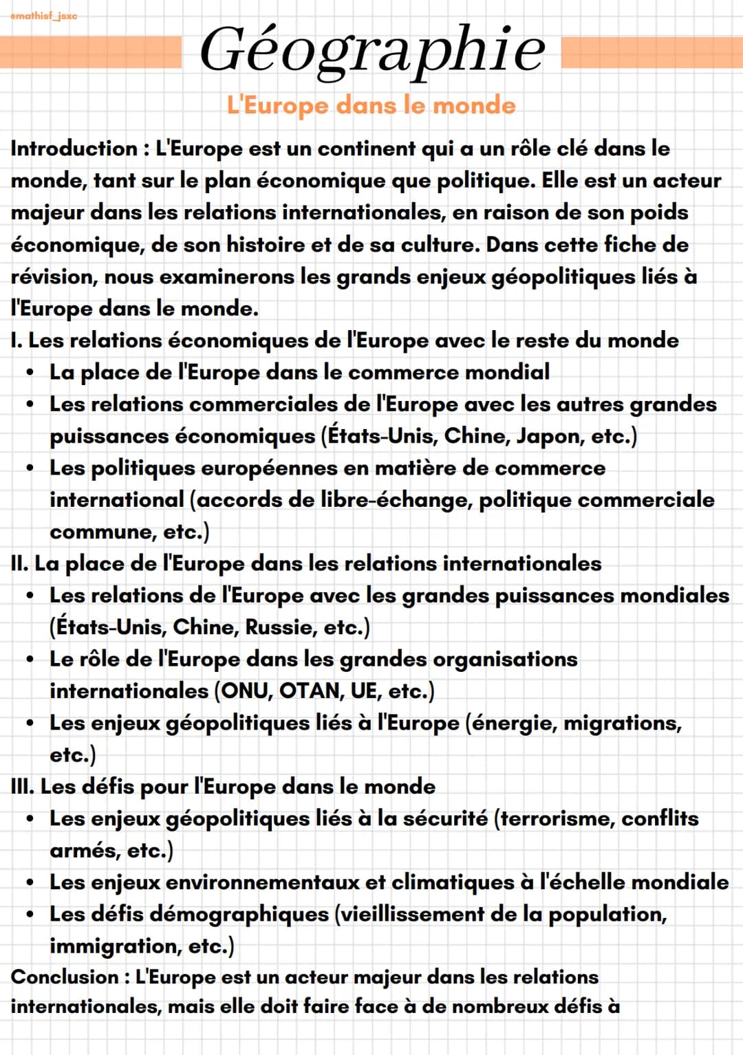 emathist_jsxc
Géographie
L'Europe dans le monde
Introduction : L'Europe est un continent qui a un rôle clé dans le
monde, tant sur le plan é