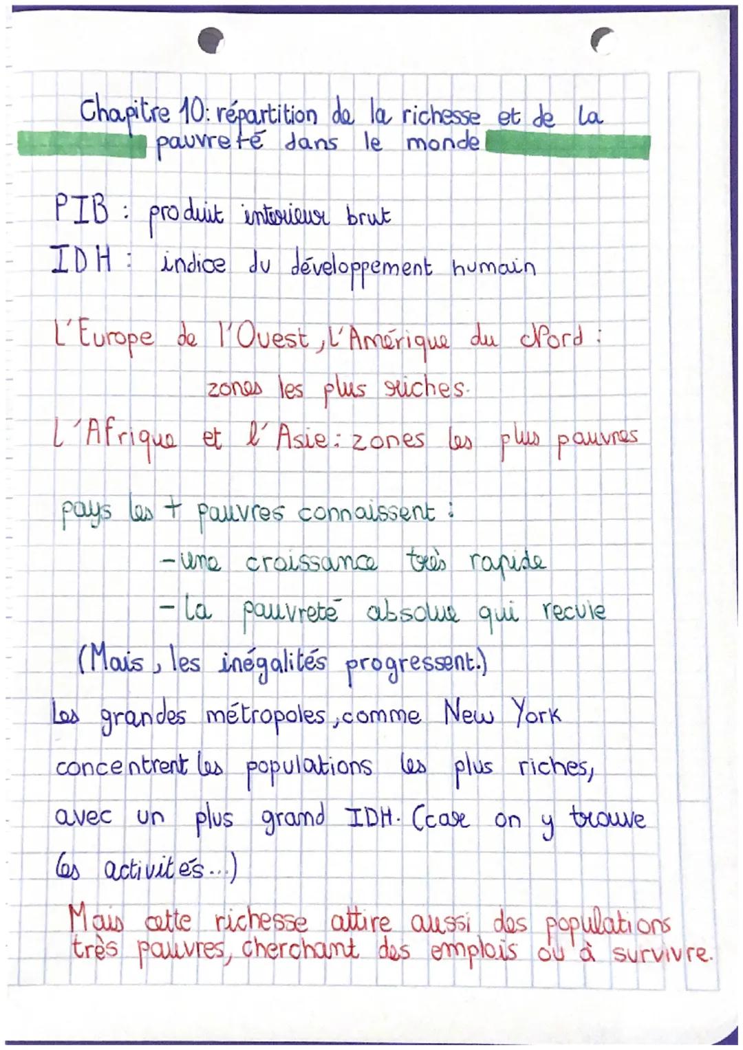 Chapitre 10: répartition de la richesse et de la
pauvreté dans le mondel

PIB: produit interieur brut
IDH: indice du développement humain

L