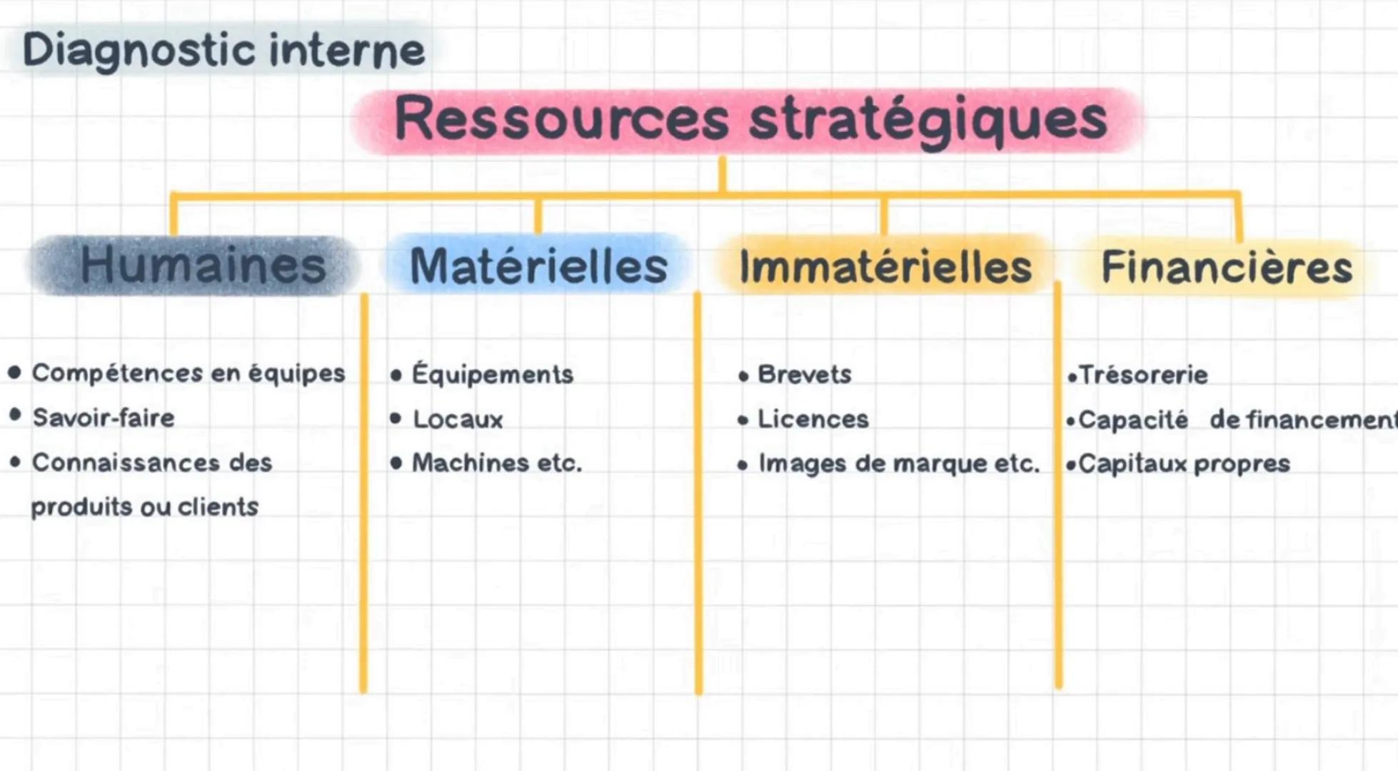Diagnostic interne
Humaines
Compétences en équipes
Savoir-faire
• Connaissances des
produits ou clients
Ressources stratégiques
Matérielles
