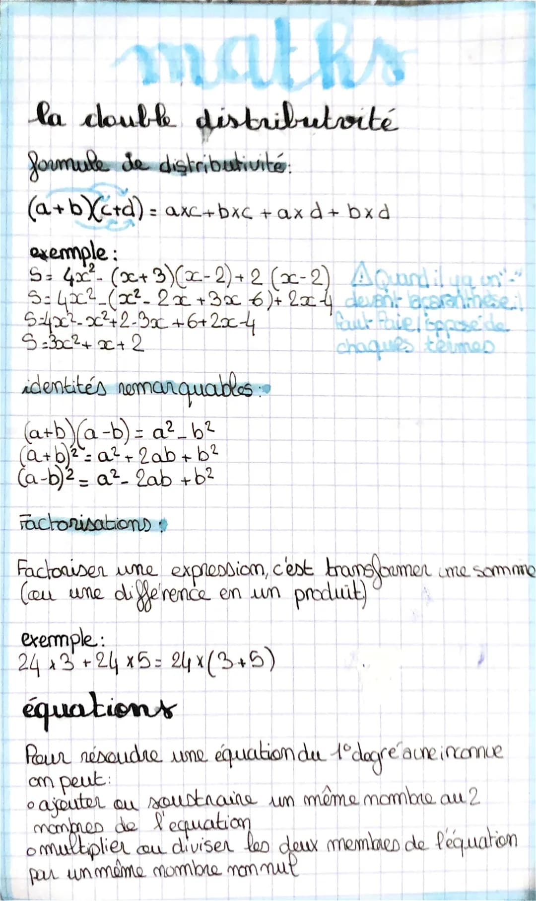 maths
la double distributvité
formule de distributivité:
(a+b)(c+d) = axc+bxc + axd+ bxd
exemple:
S
S = 4x² - (x+3)(x-2) + 2 (x-2)
5= 4x² (x