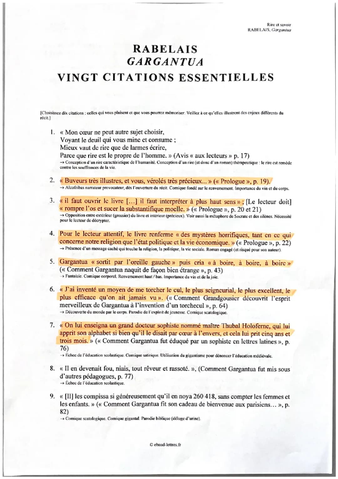 Rire et savoir
RABELAIS, Gargantua
RABELAIS
GARGANTUA
VINGT CITATIONS ESSENTIELLES
[Choisissez dix citations: celles qui vous plaisent et qu