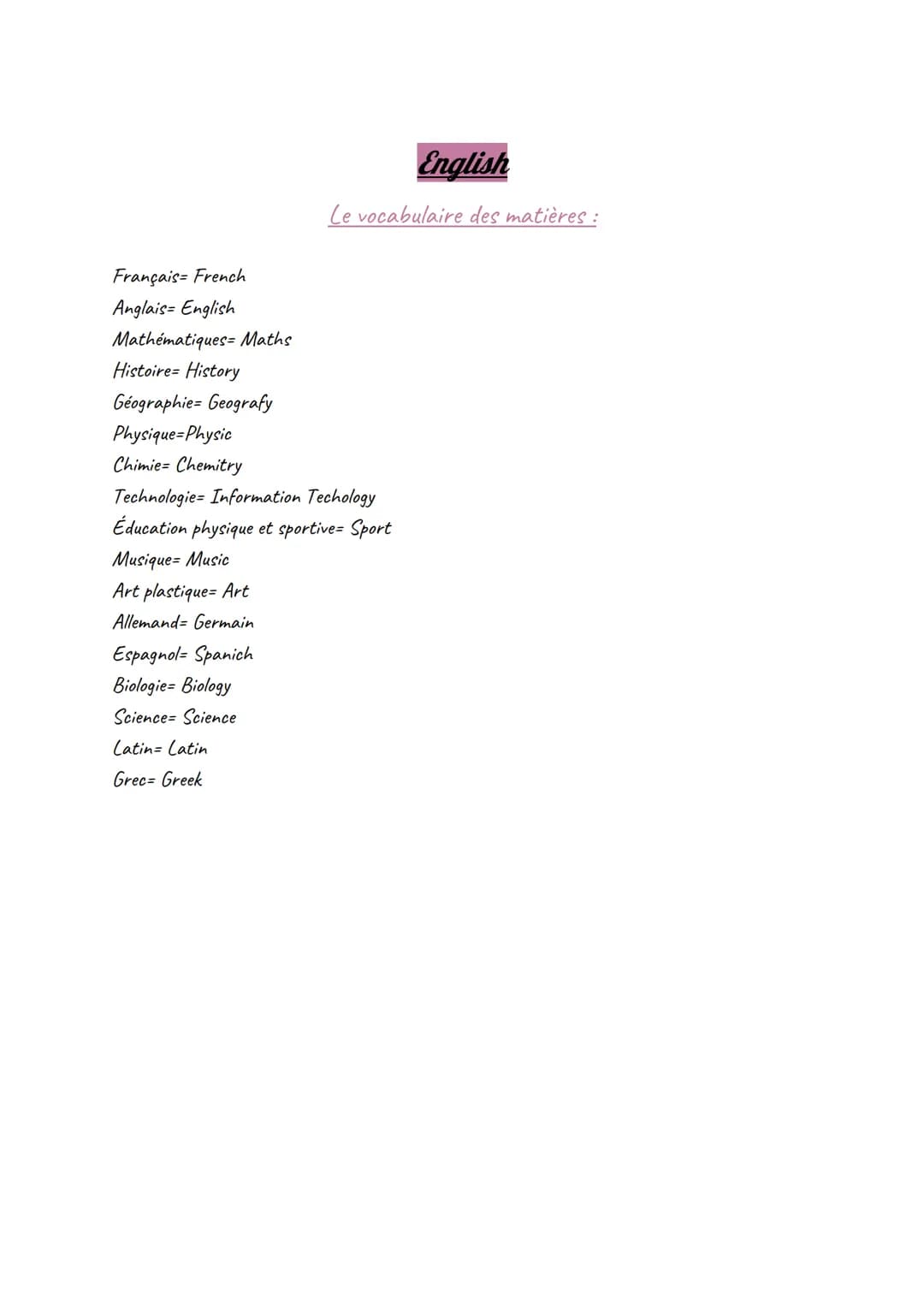 Français- French
Anglais English
Mathématiques Maths
Histoire- History
Géographie- Geografy
Physique-Physic
Chimie Chemitry
Technologie- Inf