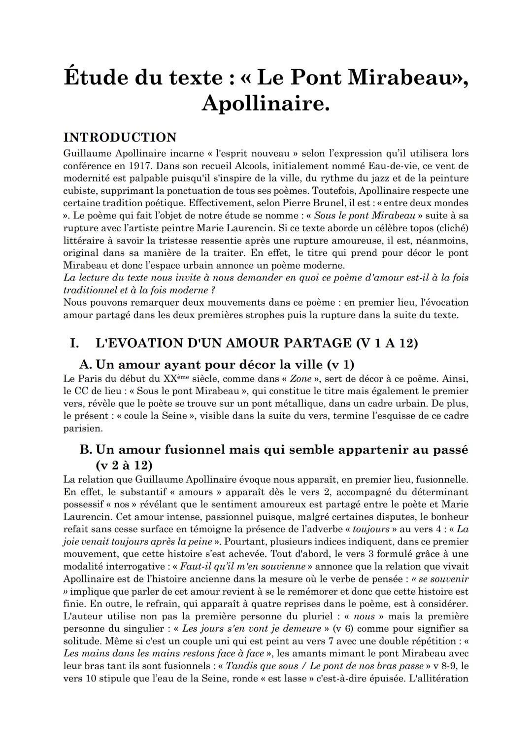 Explication simple Analyse linéaire, "Le pont Mirabeau", Appolinaire