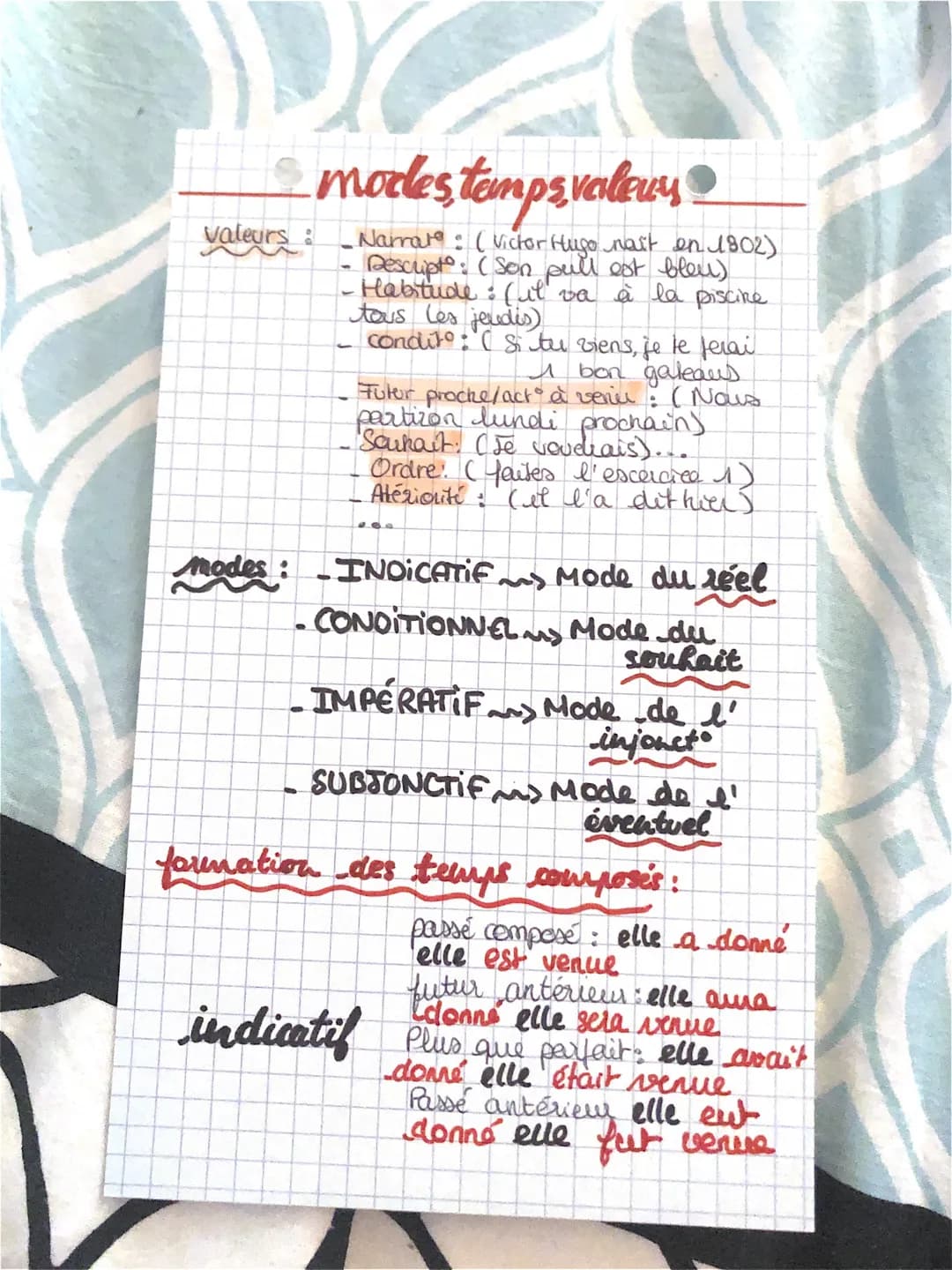 modes temps valeurs
valeurs: _Narrate : ( Victor Hugo nast en 1802)
Descript: (Son pull est bleu)
•Habitude: (il va à la piscine
tous les je