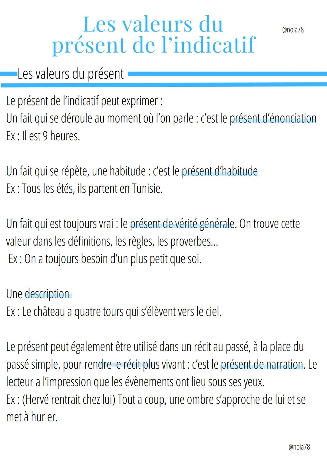 Les valeurs du
présent de l'indicatif
Les valeurs du présent
Le présent de l'indicatif peut exprimer :
@nola78
Un fait qui se déroule au mom