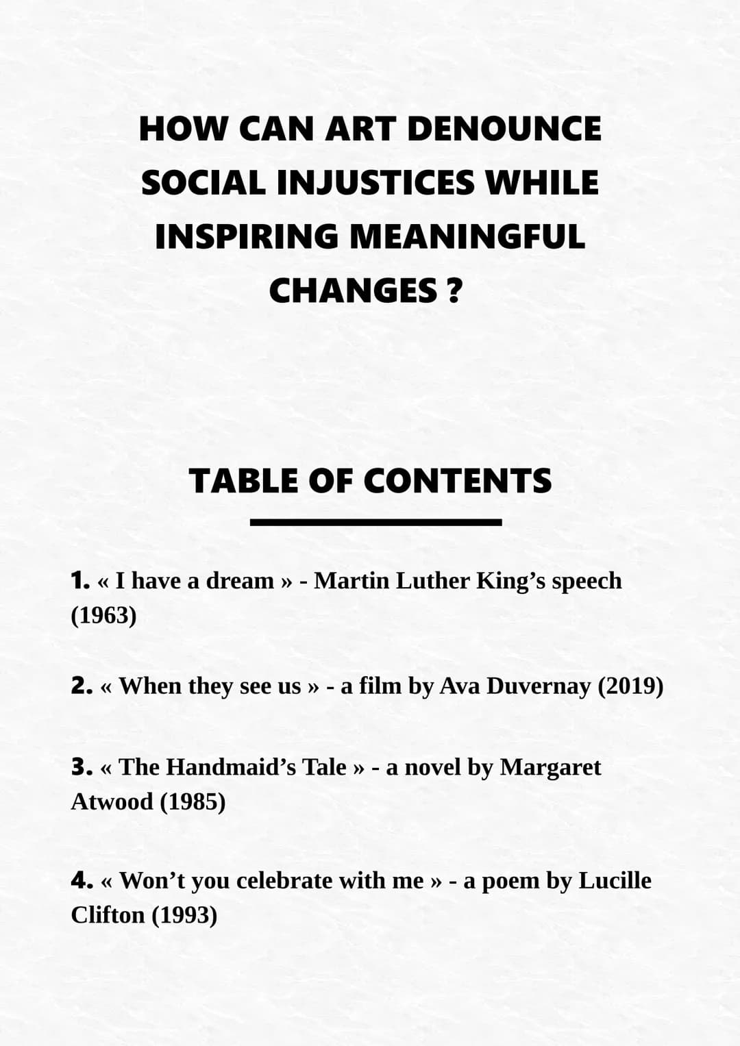 BEGON JULIETTE
TERMINALE LLCE
PORTFOLIO
ARTS AND DEBATES - ART AND PROTEST
CNED
2023 - 2024  HOW CAN ART DENOUNCE
SOCIAL INJUSTICES WHILE
IN