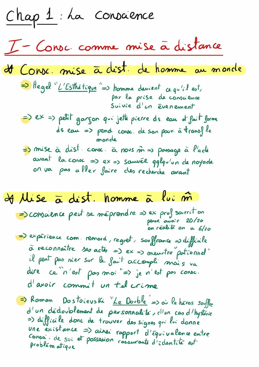 La
conscience Chap 1: ha conscience
I- Consc. comme mise à distance
Consc. mise à dist. de homme
⇒ Hegel "L'Esthétique " => homme devient ce
