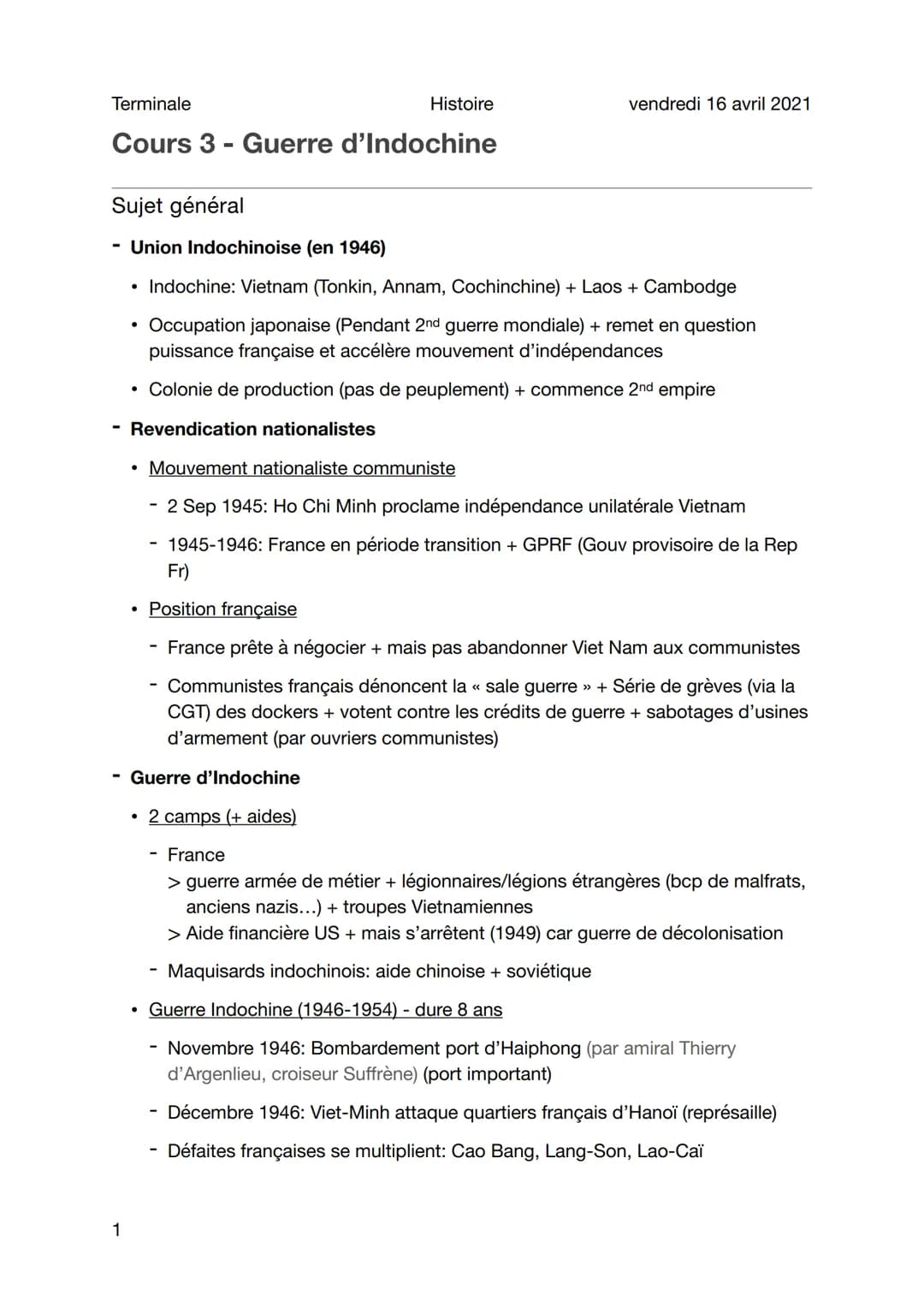 Terminale
Cours 3 - Guerre d'Indochine
1
Sujet général
Union Indochinoise (en 1946)
• Indochine: Vietnam (Tonkin, Annam, Cochinchine) + Laos