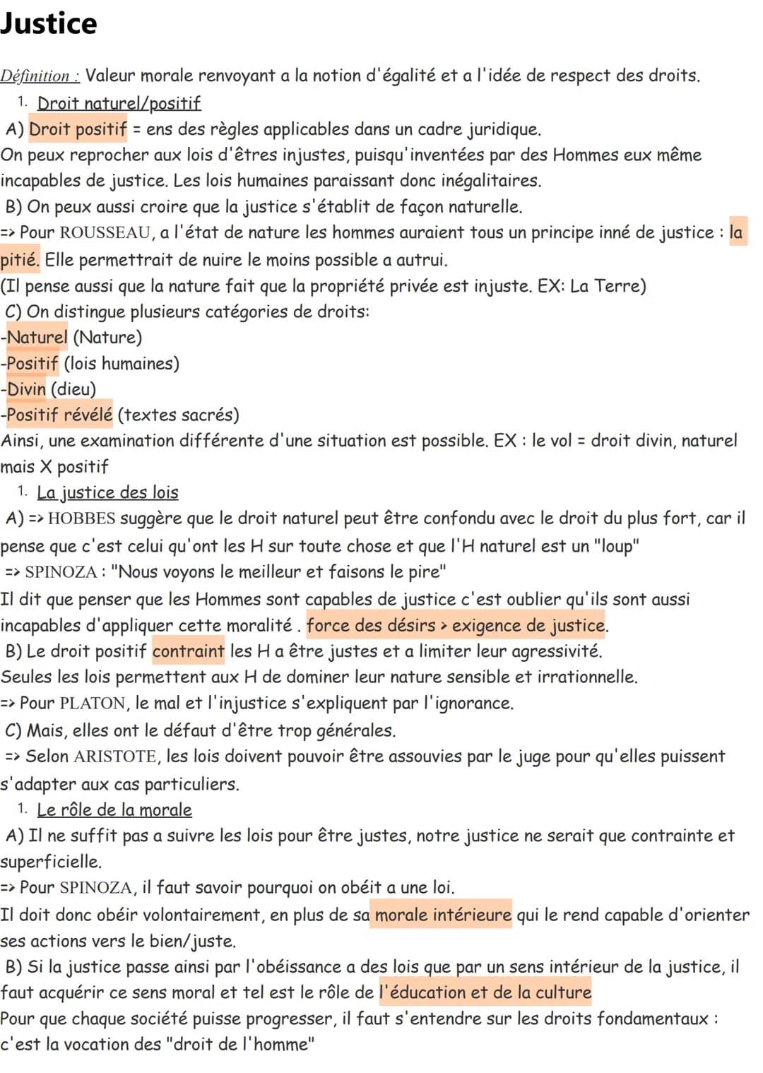 Justice
Définition : Valeur morale renvoyant a la notion d'égalité et a l'idée de respect des droits.
1. Droit naturel/positif
A) Droit posi