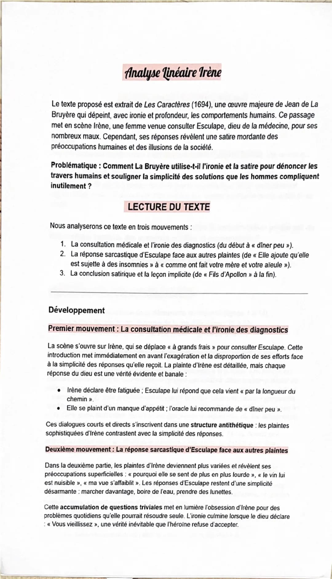 --- OCR Start ---
Analyse Linéaire Irène
Le texte proposé est extrait de Les Caractères (1694), une œuvre majeure de Jean de La
Bruyère qui 