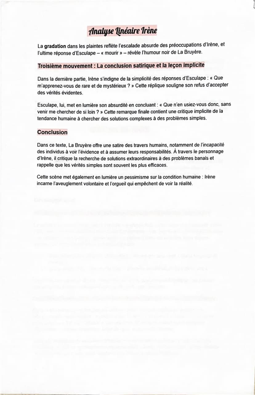 --- OCR Start ---
Analyse Linéaire Irène
Le texte proposé est extrait de Les Caractères (1694), une œuvre majeure de Jean de La
Bruyère qui 