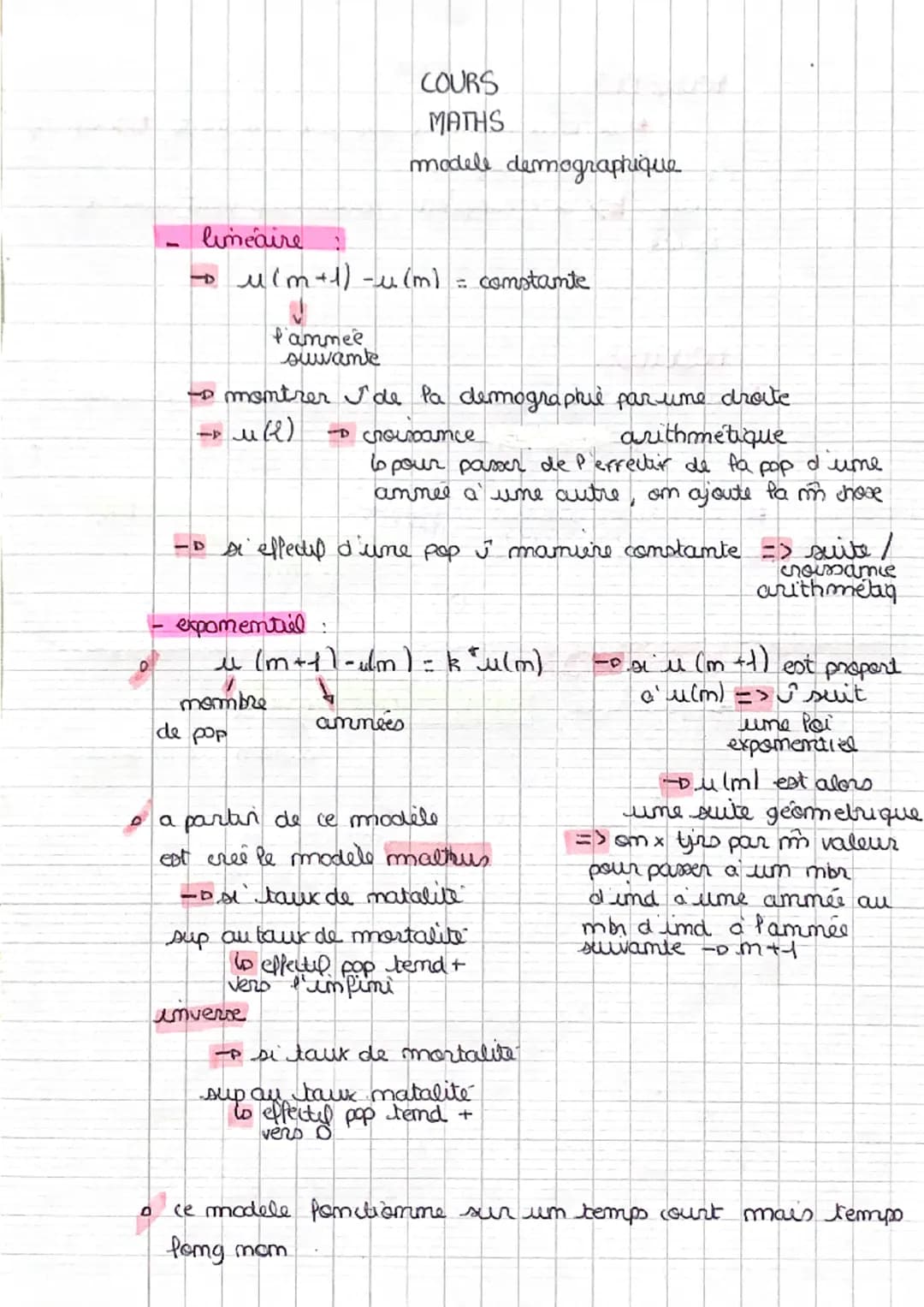 0
linéaire
- u (m+1) -u (m) = constante
- montrer I' de la demographie par uime droite.
→u(l)
& croissance
arithmetique
to pour passer de Pe