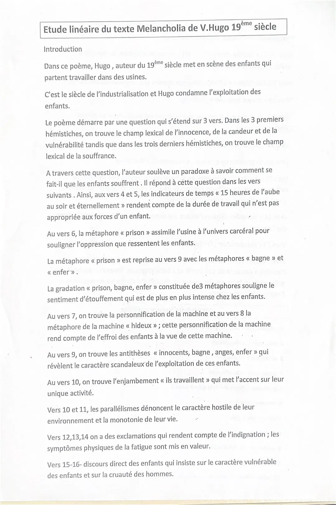 ème
Etude linéaire du texte Melancholia de V.Hugo 19 siècle
Introduction
ème
Dans ce poème, Hugo, auteur du 199 siècle met en scène des enfa