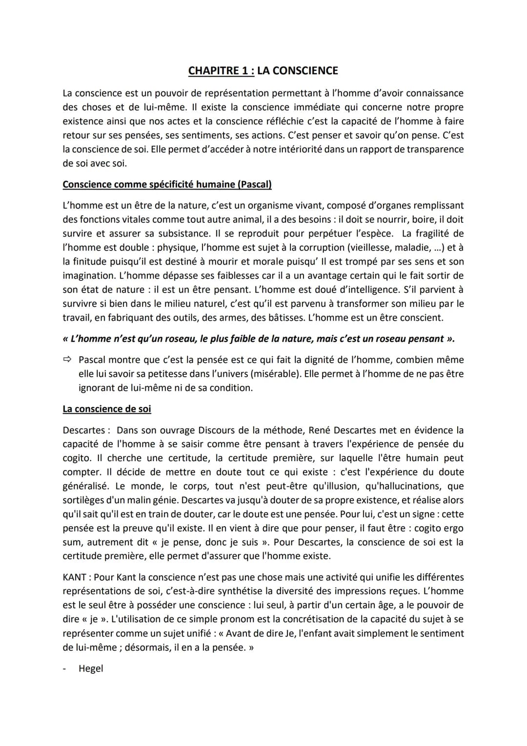 CHAPITRE 1: LA CONSCIENCE
La conscience est un pouvoir de représentation permettant à l'homme d'avoir connaissance
des choses et de lui-même