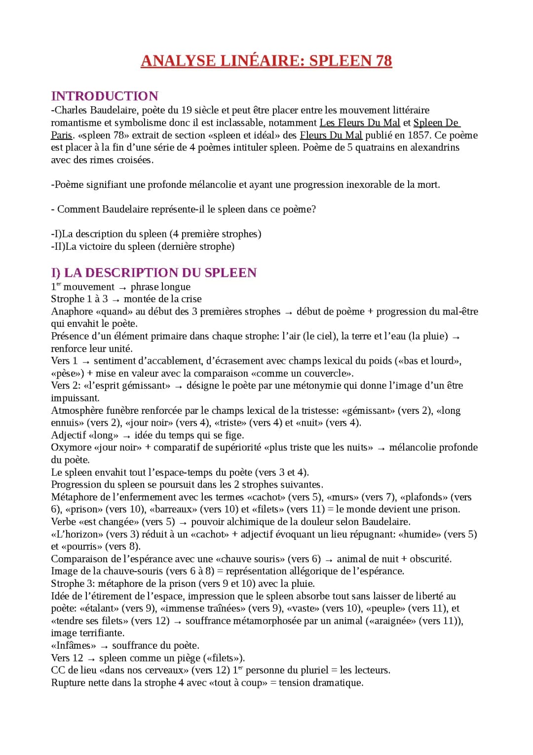 Analyse linéaire Spleen 4 et LXXVIII Baudelaire PDF