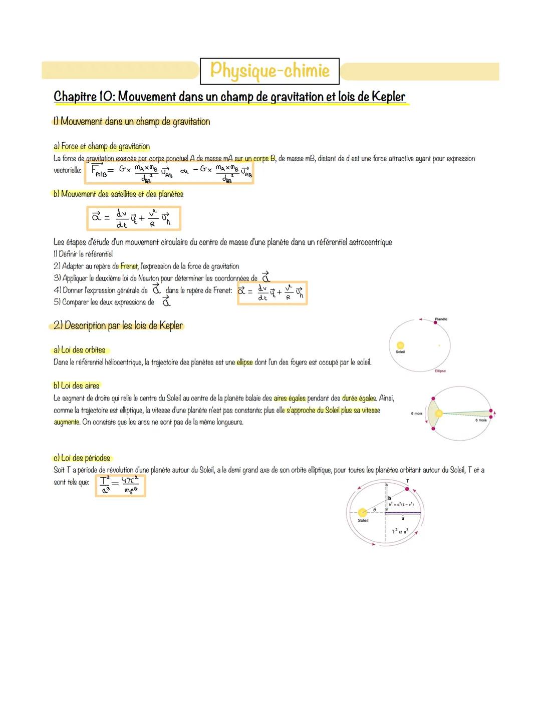 Physique-chimie
Chapitre 10: Mouvement dans un champ de gravitation et lois de Kepler
1) Mouvement dans un champ de gravitation
a) Force et 