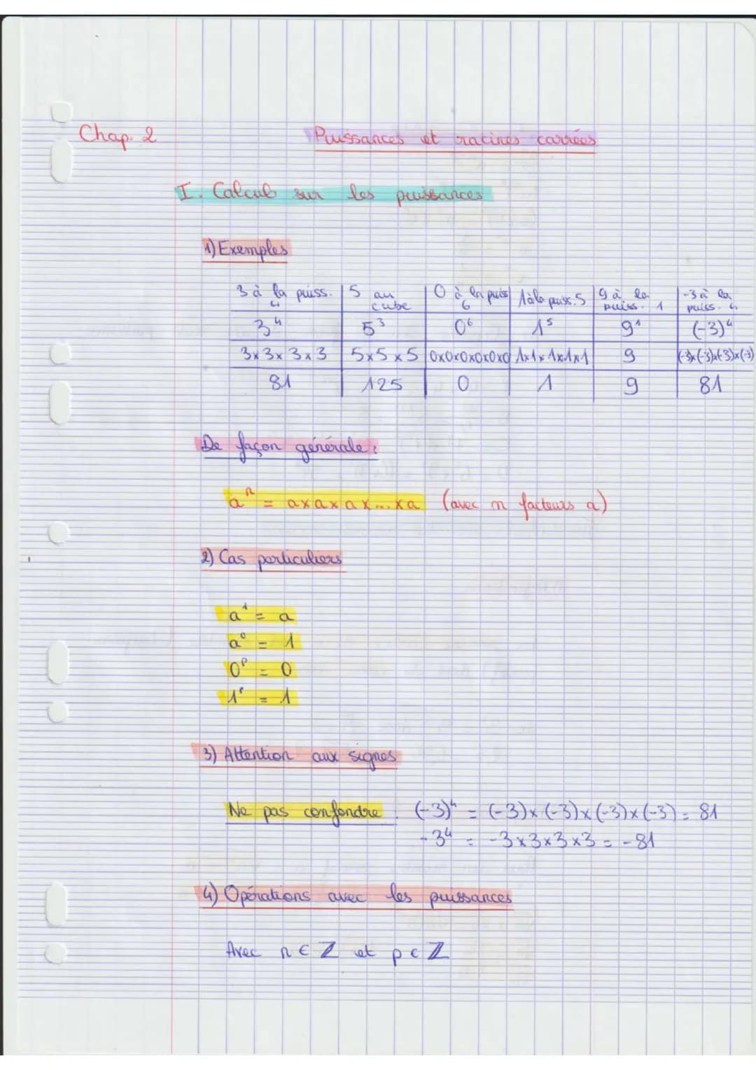 Chap 2
I Calcub sur
1) Exemples
3 à la puiss. 5
U
५
Puissances et racines
3x 3 x 3 x 3 5 x 5 x 5
81
125
a
De façon générale:
les puissances
