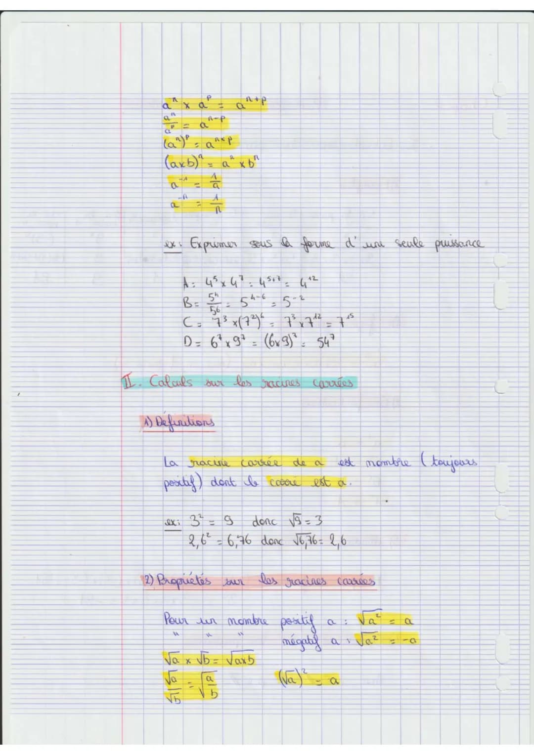 Chap 2
I Calcub sur
1) Exemples
3 à la puiss. 5
U
५
Puissances et racines
3x 3 x 3 x 3 5 x 5 x 5
81
125
a
De façon générale:
les puissances
