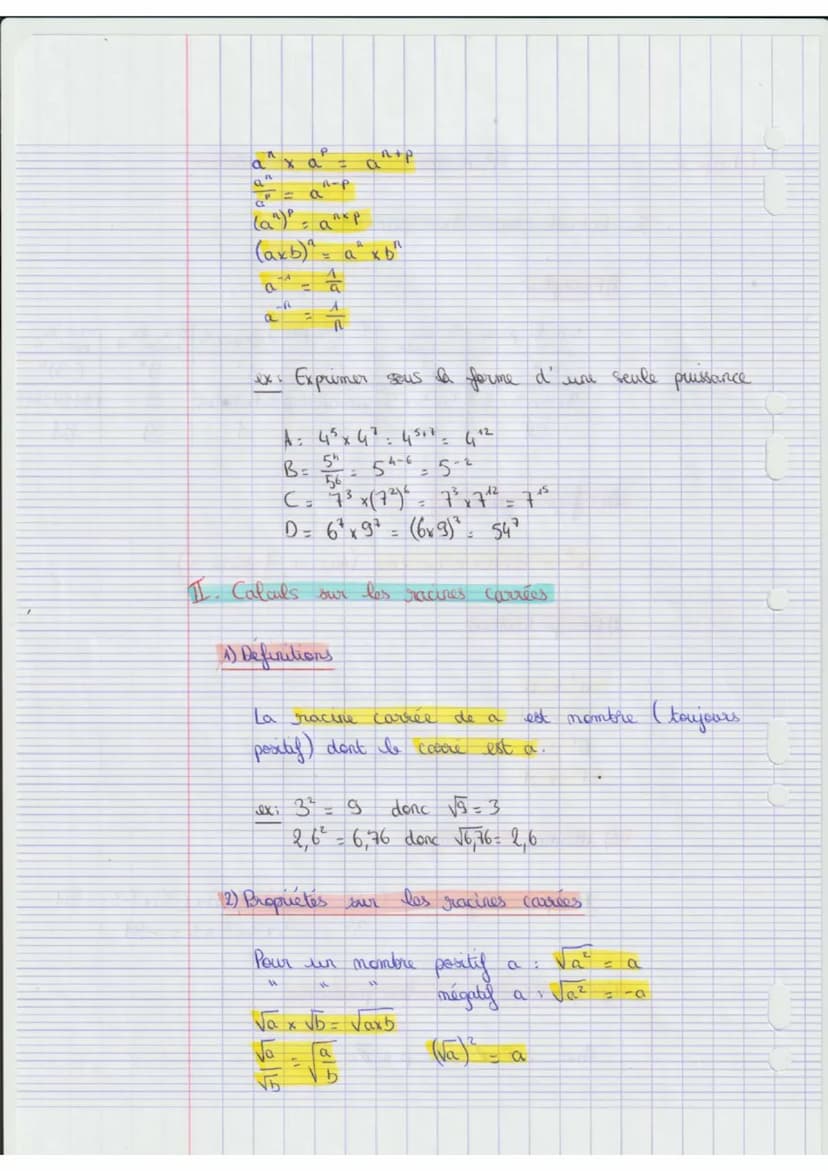 Chap 2
I Calcub sur
1) Exemples
3 à la puiss. 5
U
५
Puissances et racines
3x 3 x 3 x 3 5 x 5 x 5
81
125
a
De façon générale:
les puissances
