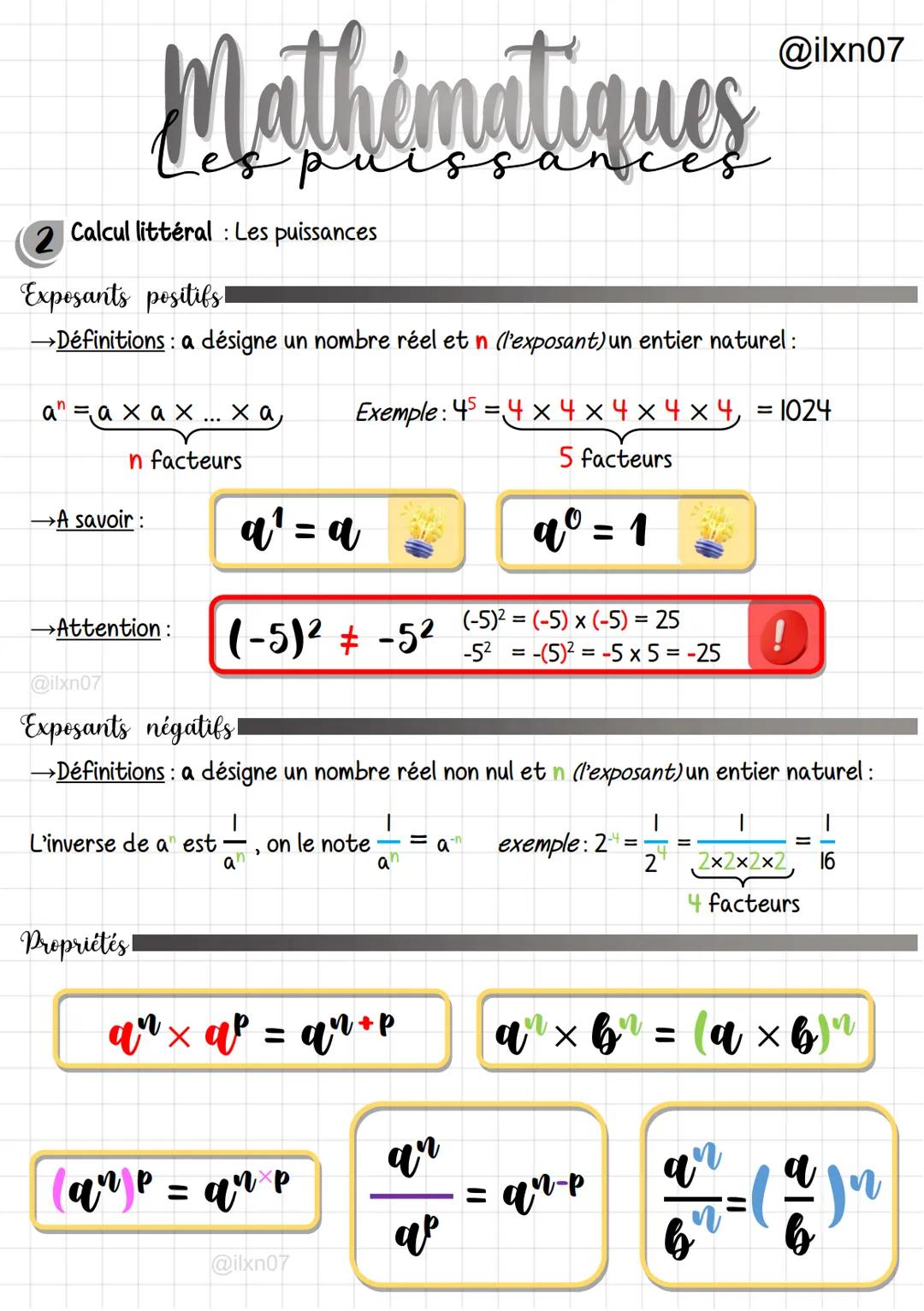 Mathématiques
2 Calcul littéral: Les puissances
Exposants positifs!
→Définitions : a désigne un nombre réel et n (l'exposant) un entier natu