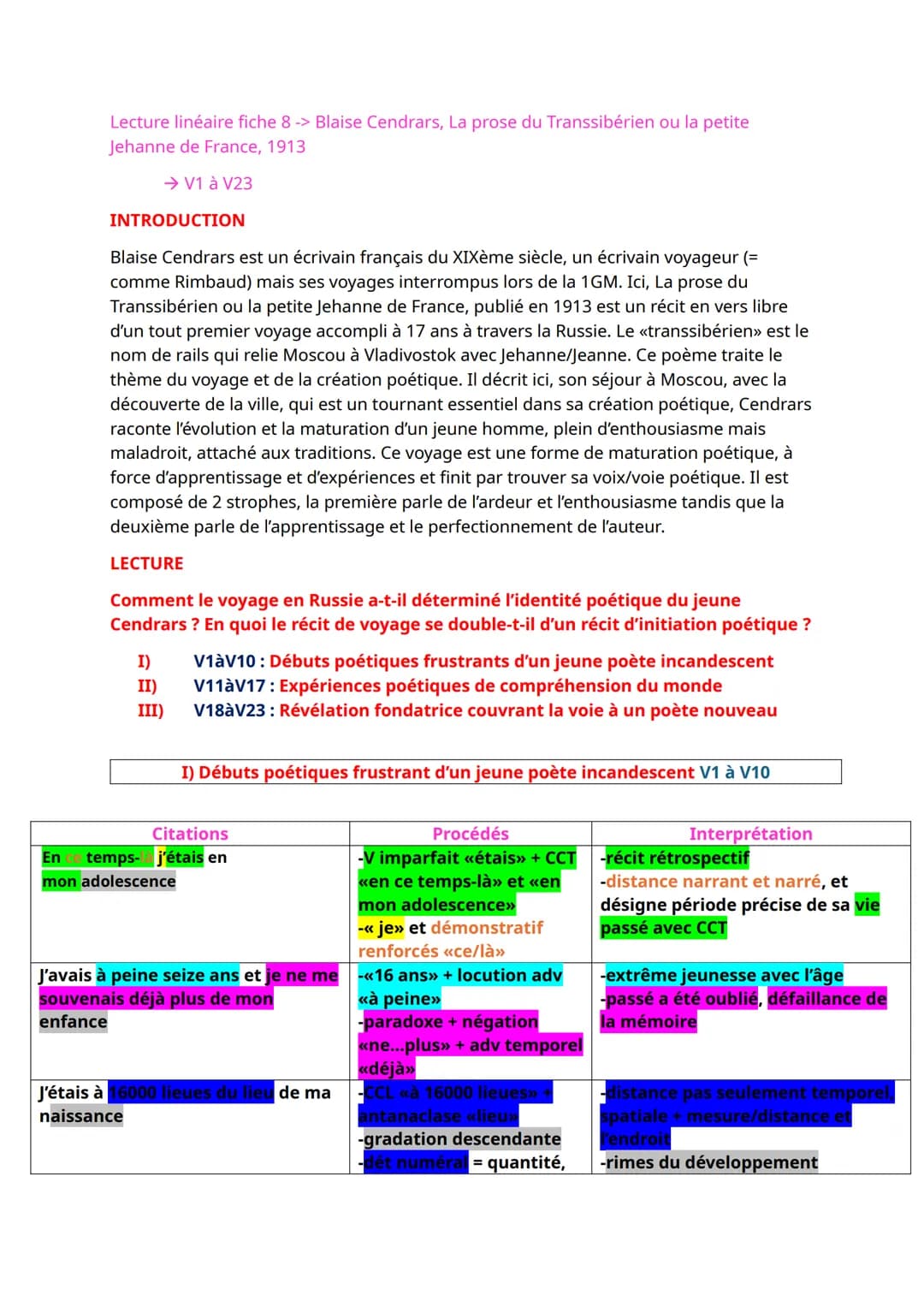 --- OCR Start ---
Lecture linéaire fiche 8 -> Blaise Cendrars, La prose du Transsibérien ou la petite
Jehanne de France, 1913
→ V1 à V23
INT
