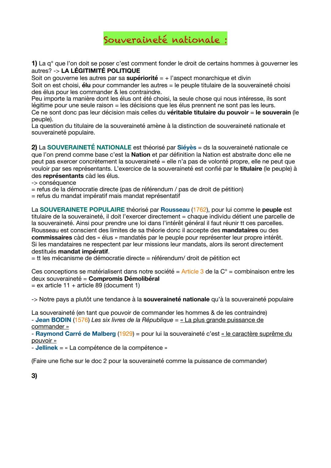 Souveraineté nationale
1) La q° que l'on doit se poser c'est comment fonder le droit de certains hommes à gouverner les
autres? -> LA LÉGITI