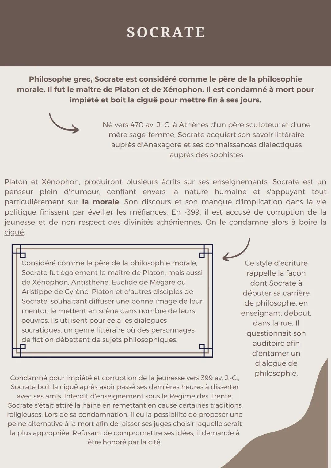 SOCRATE
Philosophe grec, Socrate est considéré comme le père de la philosophie
morale. Il fut le maître de Platon et de Xénophon. Il est con