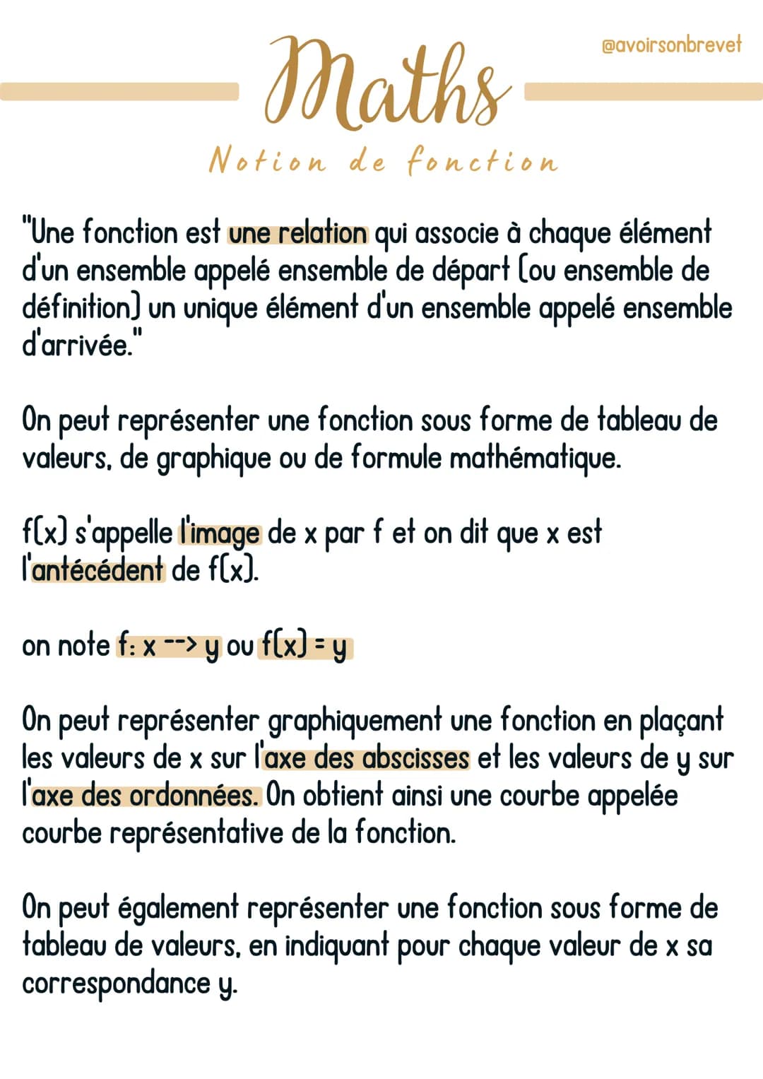 Maths
Notion de fonction
@avoirsonbrevet
"Une fonction est une relation qui associe à chaque élément
d'un ensemble appelé ensemble de départ
