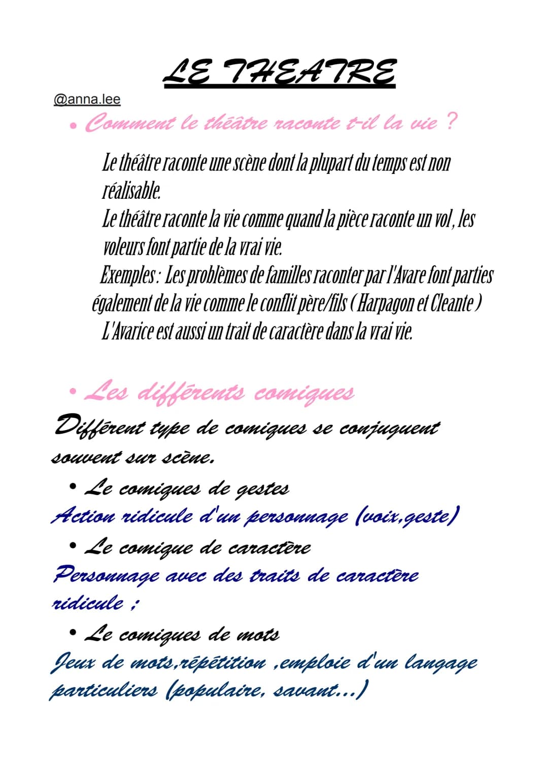 @anna.lee
LE THEATRE
Comment le théâtre raconte t-il la vie ?
Le théâtre raconte une scène dont la plupart du temps est non
réalisable
●
Le 