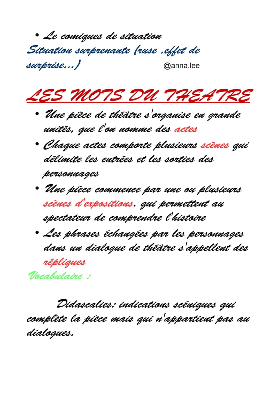 @anna.lee
LE THEATRE
Comment le théâtre raconte t-il la vie ?
Le théâtre raconte une scène dont la plupart du temps est non
réalisable
●
Le 