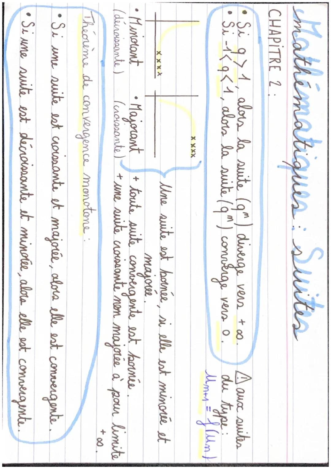 Mathématiques: Suites

CHAPITRE 2:
• Si $q> 1$, alors la suite $(q^n)$ diverge vers + oo
Si-1
• Si $-1< q<1$, alors la suite $(q^m)$ converg