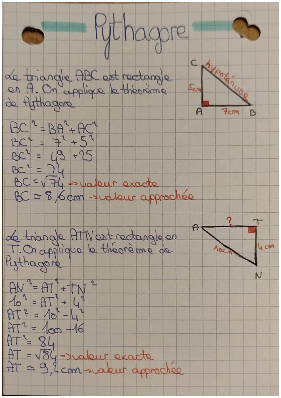 Le triangle ABC est rectangle
on A. On applique le theoreme
de Pythagore
2
Pythagore
BC²=BA²+ACT
BC² = 7² +
7² +5²
BC² = 49 +25
BC² = 74
de 